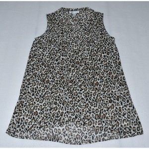 DR2 Split Neck Pleated Brown Leopard Print Blouse Top Size XS